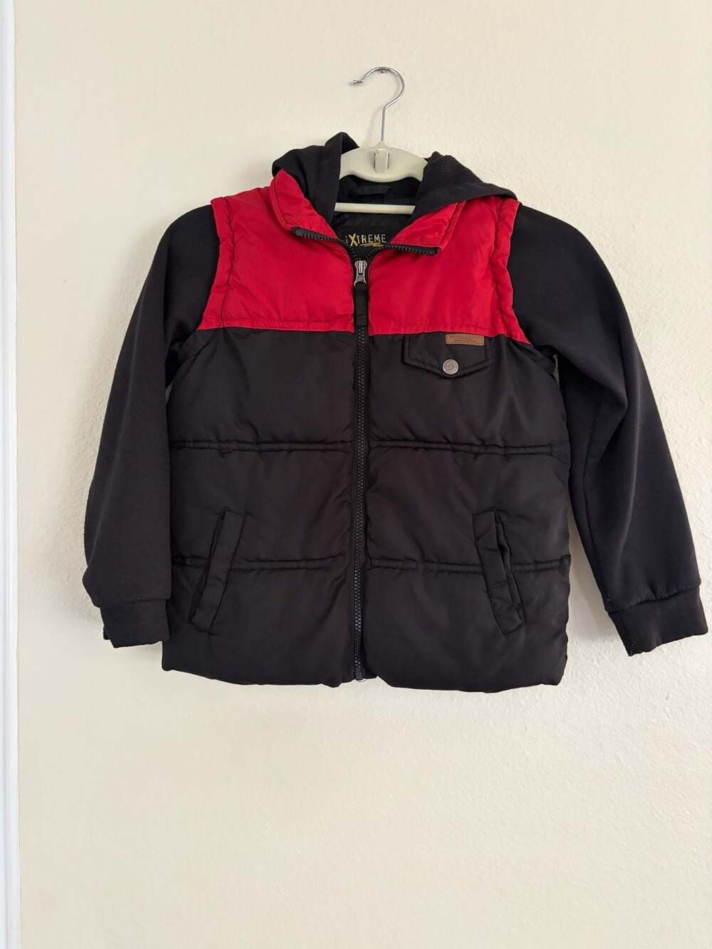 iXtreme Boys Red and Black Puffer Jacket with Attached Hood, Size 7